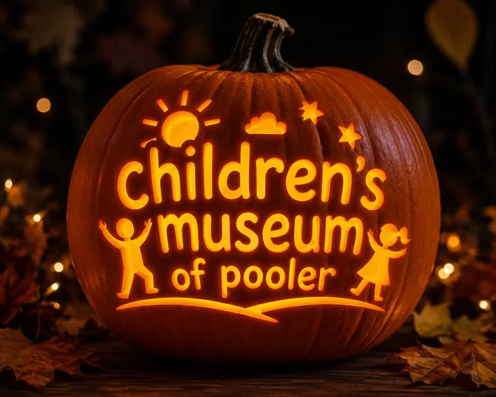 Glowing jack-o’-lantern carved with the Children’s Museum of Pooler logo, surrounded by autumn leaves and string lights